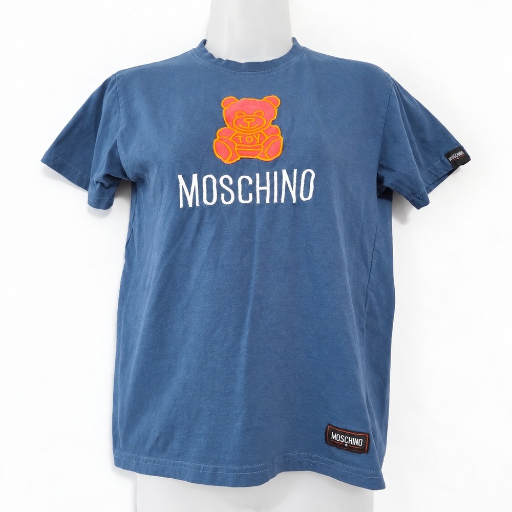 Moschino T-Shirt Womens S Blue Toy Teddy Bear Embroidered Patch Logo Streetwear